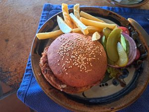 Soy burger at Hotel Santa Fe in Puerto Escondido