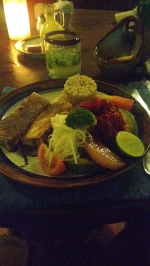 Tofu empanizado con verduras y arroz (breaded tofu with rice and vegetables) at Hotel Santa Fe in Puerto Escondido