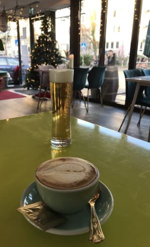 Oat milk cappuccino and a beer  at Heppy Green - City in Frankfurt