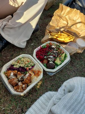 Fries, Viva Las Vegans (falafel, avocado, beetroot, rocula tomato salad), cauliflower power (hummus, tabouleh, red cabbage, pita, tomato cucumber salad) at Heppy Green - City in Frankfurt