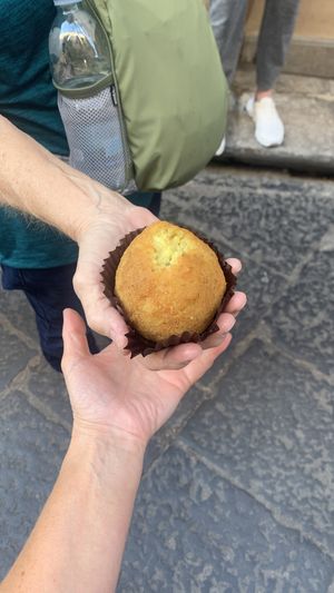 Arancina - one bite missing 🙊  at Vegan Food Tour in Cefalu
