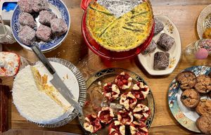 Quiche (asparagus, pepper, and cheddar), strawberry tarts, Lamingtons, cake pops, blueberry muffins, coconut cake at Maximum Zen in Clarks Summit