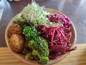 Falafel bowl with fresh vegetables at Aguacate Veggie Bar in San Cristobal De Las Casas