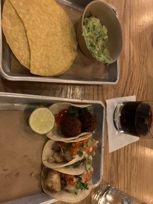 Small guac, then a falafel taco made vegan and two cauliflower tacos  at Bartaco in Boston