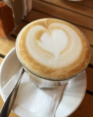 Latte with plant based milk at The Green Bean Cascade in Yerevan