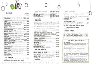 Menu drinks  at The Green Bean Cascade in Yerevan