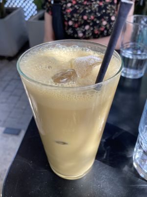 Pistachio cappuccino with coconut milk  at Dope Roasting Co in Athens