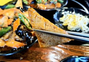 home-style tofu stir-fry - close-up of tofu at Haeolbin Deopbap - 하얼빈덮밥 in Seoul