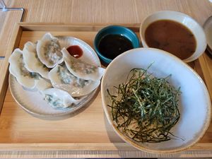 Chives dumplings (six pieces) with yuzu somen 日式韮菜煎餃(6隻) 跟 柚子醋冷麵 (Photo by Erica Lai) at Peace Beast in Hong Kong Island