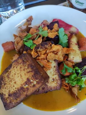 Tofu on baked vegetables at Luftburg - Kolarik im Prater in Vienna