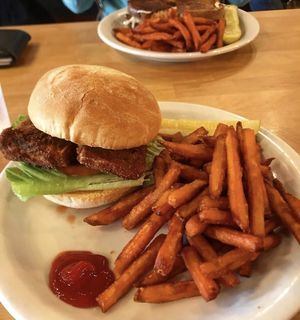 Chiken sandwich with sweet potato fries at The Owlery in Bloomington