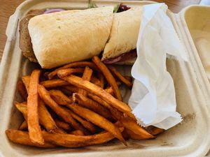 Olive tapenade sub with sweet potato fries #Veganuary at The Owlery in Bloomington