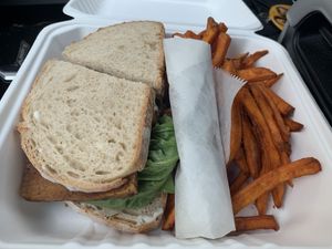 BLT with avocado and sweet potato fries!! #Veganuary at The Owlery in Bloomington