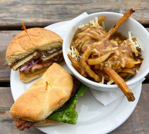 Vegan chicken sandwich and vegan poutine   at The Owlery in Bloomington