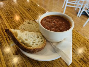 Spicy tomato soup! Yum.  at The Owlery in Bloomington