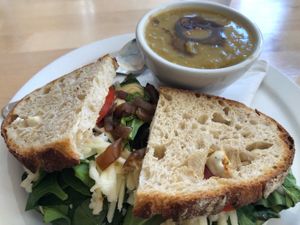 Veggie sandwich and pea soup! A delicious lunch. at The Owlery in Bloomington