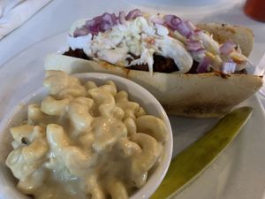 BBQ seitan sub + mac and cheese!! at The Owlery in Bloomington