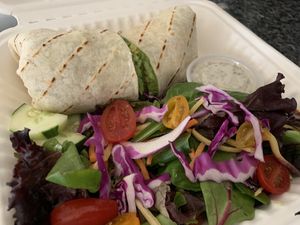 Ranch “chicken” wrap with salad. at The Owlery in Bloomington