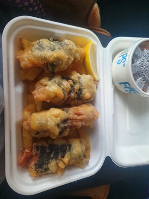 Banana blossom fish,chips and gravy at Bampton Street Fish Bar in Minehead