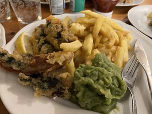 Vegan fish (battered banana blossom wrapped in nori sheets) chips and mushy peas  at Bampton Street Fish Bar in Minehead