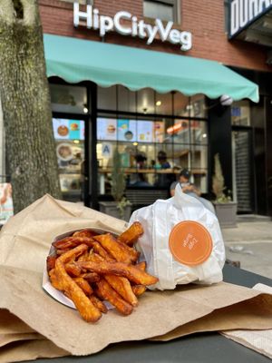 Ziggy burger with sweet potato fries  at HipCityVeg - Union Square in New York City