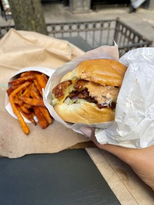 Ziggy burger with sweet potato fries  at HipCityVeg - Union Square in New York City