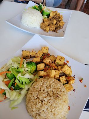Our dinner. Ma Ma Tofu and Lemongrass Tofu at Loving Hut Vegan Express (City Heights) in San Diego
