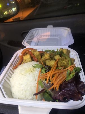 Take out box looks biodegradable   at Loving Hut Vegan Express (City Heights) in San Diego