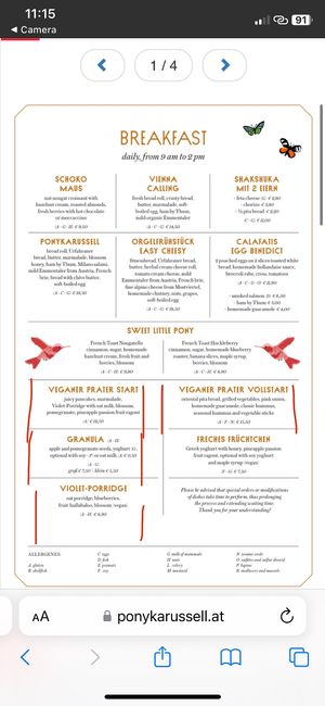 Breakfast menu  at Ponykarussell in Vienna