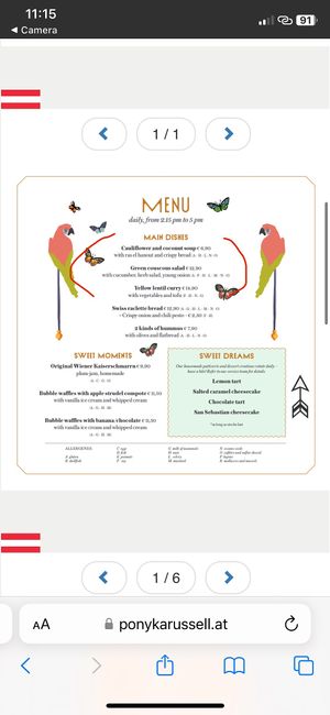 Lunch and early dinner menu  at Ponykarussell in Vienna