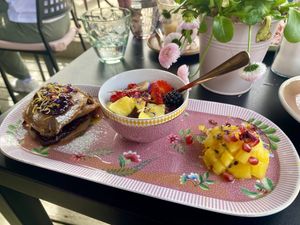 Pancakes and violet oatmeal - sweet and delicious!  at Ponykarussell in Vienna