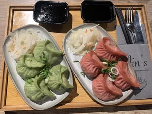 Vegetable jiaozi and tofu jiaozi (with glass noodles and veggies)  at Jin's Ramen in Vienna