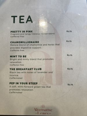 tea menu  at ROOTED in Walnut Creek