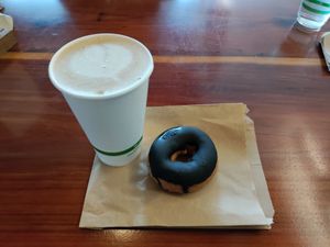 Churro latte and donut at ROOTED in Walnut Creek