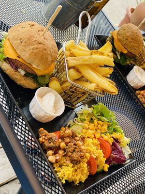 Vegan burger with fries and salad  at Bistro LaForge in Saint-pardoux