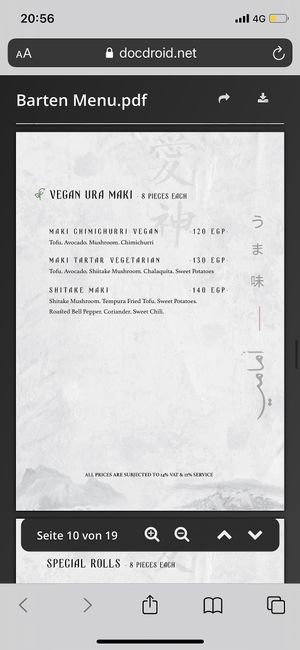 Vegan menu  at Barten  in El Gouna