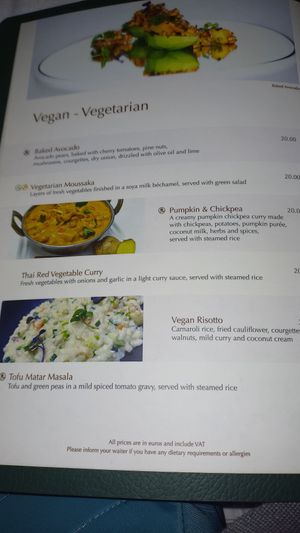 Vegan section of menu at Sail at Castle in Paphos