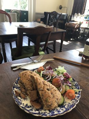 Sausage sandwich with side salad. B had mint pea soup. We also had a light moist ginger and chocolate cake    at Tea by the Lock in York