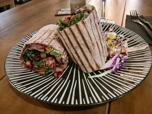 The beetroot hummus wrap at Hustle n' Flow in 