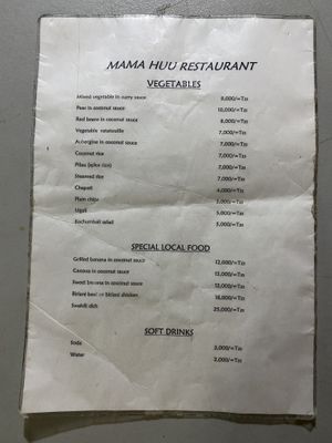 The vegetables section of the menu at Mama HUU in Zanzibar