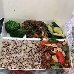 R1/ Gong Pao Spicy Chickenless on Quinoa RIce with Mixed Veggie Bento Box
Peanut on the side at Real Vegan Chinese Restaurant in Markham