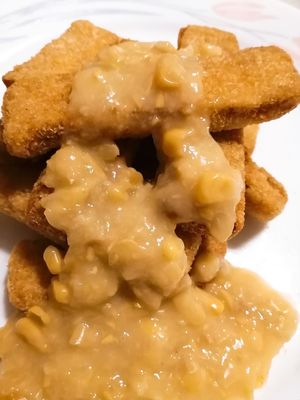 Dish#6: Imitation Fish Steak in Sweet Corn Sauce at Real Vegan Chinese Restaurant in Markham