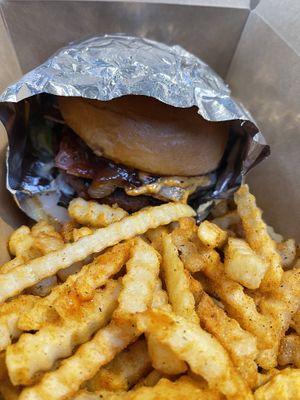 Bacon BBQ Burger with crinkle fries   at Burgeezy in Indianapolis