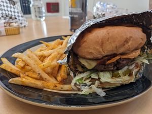 Pineapple Express burger with shoestring fries at Burgeezy in Indianapolis