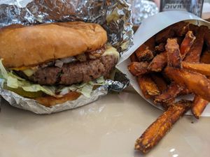 BBQ burger with sweet potato fries at Burgeezy in Indianapolis