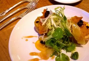 1st course: Crostone of Squash.
This included the vegetable three ways in one dish -- squash ribbons, roasted squash, and a silky puree. 

(Part of the amazing 'chef's table' 4-course meal which actually included 7 plates and tastes.) at Natural Selection in Portland