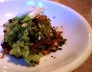 Extra: This amuse bouche included a curried quinoa mixture on a crispy beet chip with mustard blossoms on top. One single bite to wake up your senses to crave more.

(Part of the amazing 'chef's table' 4-course meal which actually included 7 plates at Natural Selection in Portland
