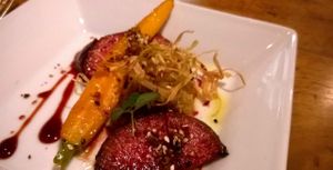 Extra: This bonus salad came to us at the 'chef's table' and was a texture sensation with silky roasted leeks paired with crispy leek threads, pickled beet and radish, and delicate spring carrot.

(Part of 'chef's table' 4-course meal of 7 tastes.) at Natural Selection in Portland