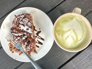 Almond/ choco babka, soy milk matcha  at Casa Xoxoctic in San Salvador