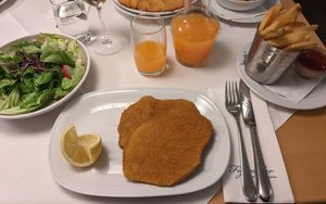 The vegan schnitzel with fries and the Austrian apricot drink. at Figlmüller in Vienna